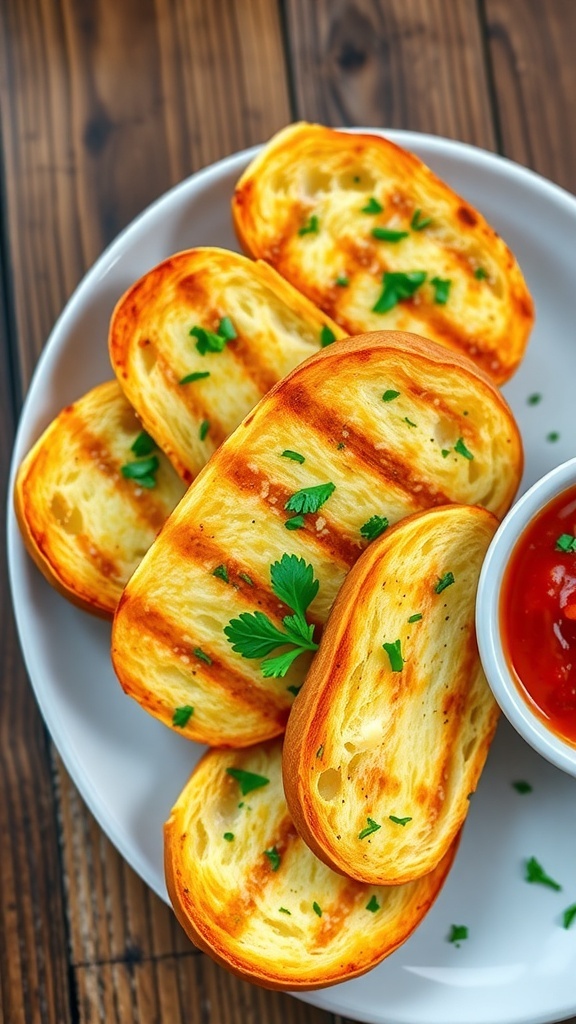 Grilled garlic bread slices on a plate, garnished with parsley, served with marinara sauce.